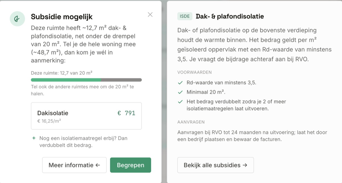 De subsidiemelding in de app: dakisolatie levert € 791 op, met de voortgang naar de drempel van 20 m² en de ISDE-voorwaarden ernaast.