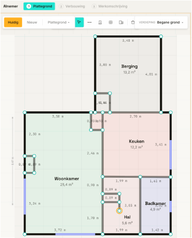 Dezelfde plattegrond overgenomen in AInemer, met de ruimtes herkend en de maten erbij.