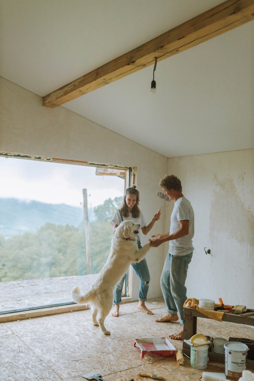 Een stel verft een kamer die nog in de verbouwing zit, hun hond springt tegen ze op.