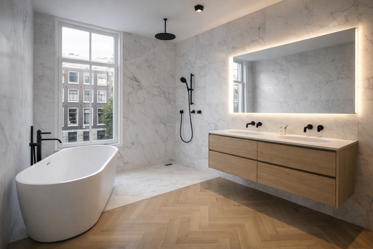 Een verbouwde badkamer met vrijstaand bad en visgraatvloer.